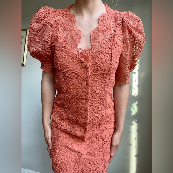 Sandro Lace Summer-Cocktail Coral Puff Sleeves Dress (French brand) - Picture 9 of 10